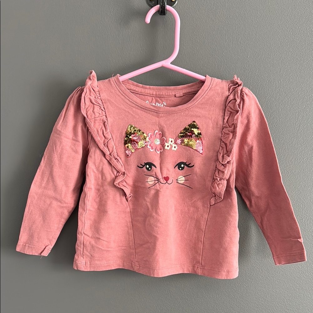 Pink Long Sleeve Tee with Sparkly Cat Design